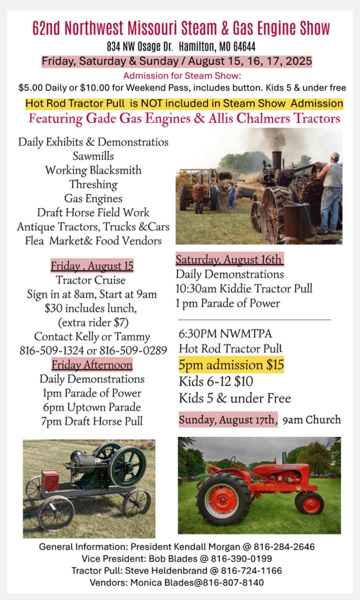 schedule of events for the Northwest Missouri Steam and Gas Engine show in Hamilton MO