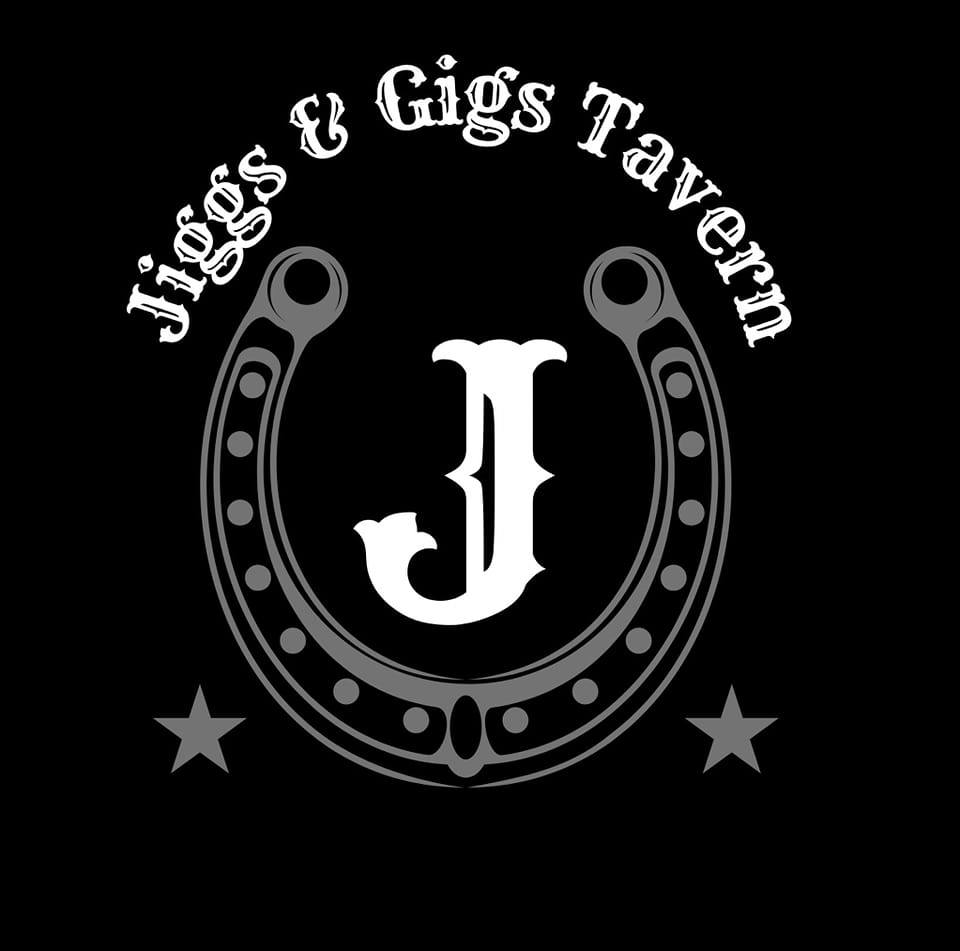 the logo for Jiggs and Gigs Tavern in Hamilton MO